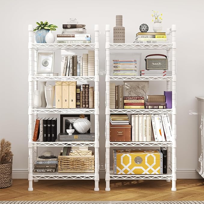 FUTASSI Metal Storage Rack, Storage Organizer Shelves for Kitchen, Bathroom, Living Room, Balcony and Garage, 5 Tiers Narrow Bookshelf, 21.2" W x 9.4" D x 59.2" H, Load 400lbs, White