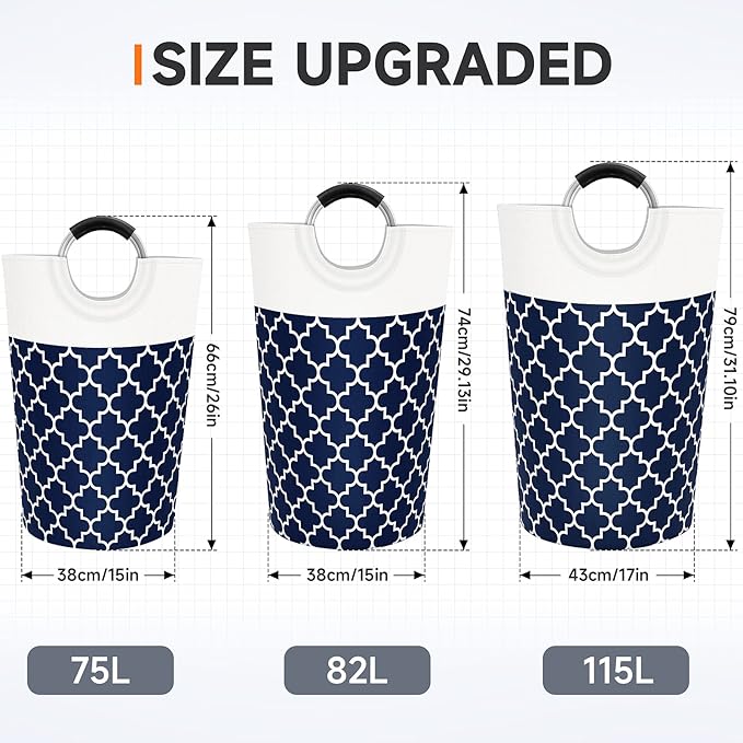 Fabspace Large Laundry Basket Laundry Hamper Bag Washing Bin Clothes Bag Collapsible Tall with Handles Waterproof Travel Bathroom College Essentials Storage for College Dorm, Family (Blue) 82L