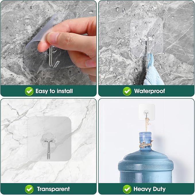 Adhesive Wall Hooks for Hanging Heavy Duty 22lb(Max) Hooks for Walls No Damage, Towel Sticky Clear Hooks, Waterproof, Home, Bathroom, Kitchen, Office, and Outdoor, Set of 12