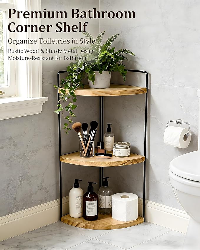 3-Tier Corner Bathroom Countertop Organizer, Solid Pine Wood Vanity Corner Shelf for Skincare & Makeup, Waterproof Standing Rack for Bathroom, Kitchen & Dresser, Large 15.7" H, Natural Wood