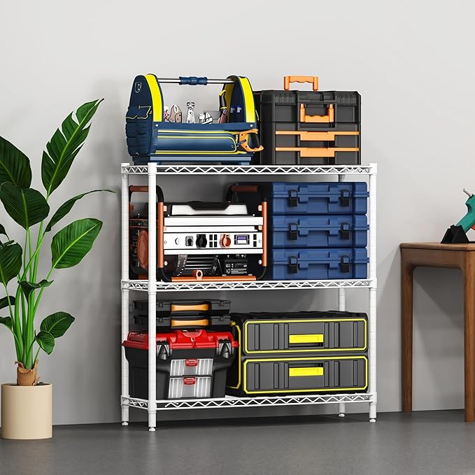 Homeiju 3-Tier Storage Rack, 29.8" Wide Heavy Duty Metal Shelving Unit, Top Tier with Removable Wood Board, 200 lbs Capacity per Shelf, for Pantry, Bathroom, Garage, Entryway, Plant Stand