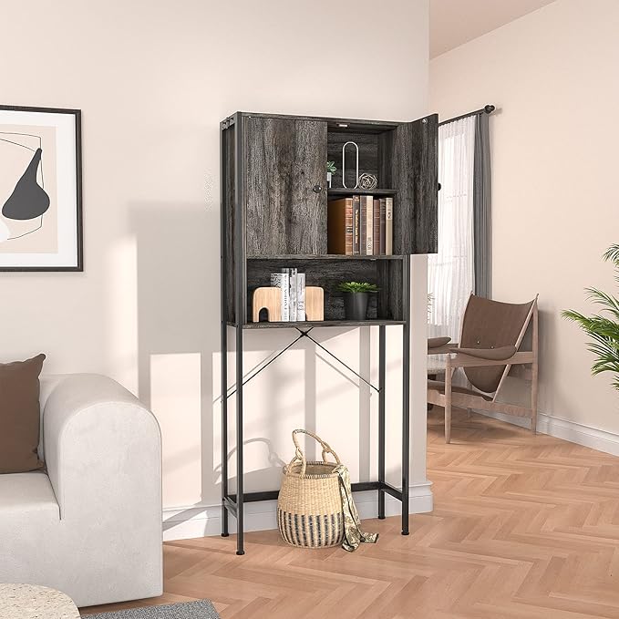 Ecoprsio Over-The-Toilet Storage Cabinet Rack, Bathroom Organizer Shelf Over Toilet, Freestanding Space Saver Toilet Stands with 2 Hooks, Gray Brown