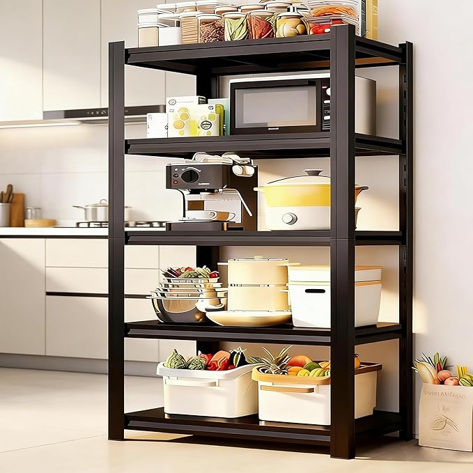 5 Tier Kitchen Stand, Adjustable Metal Storage Shelves, Heavy Duty Bakers Rack for Kitchen, Garage, Pantry, Basement, Laundry Room,for Spices, Pots, Rustic Brown, Black (77.4"Hx 35.4"W x13.7"D)
