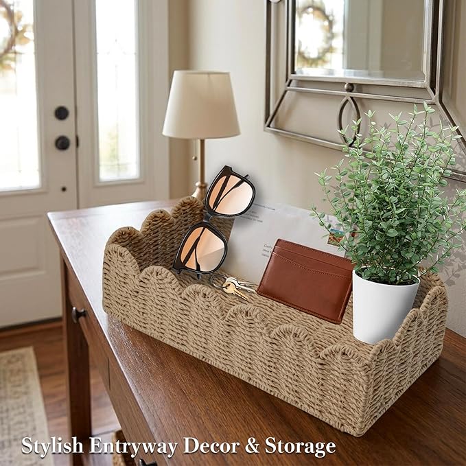 2 Pack Scalloped Wicker Toilet Paper Storage Basket, Handwoven Paper Rope Basket Organizer for Toilet Tank & Shelves, Decorative Woven Storage Bin for Living Room, Bedroom & Entryway, Beige