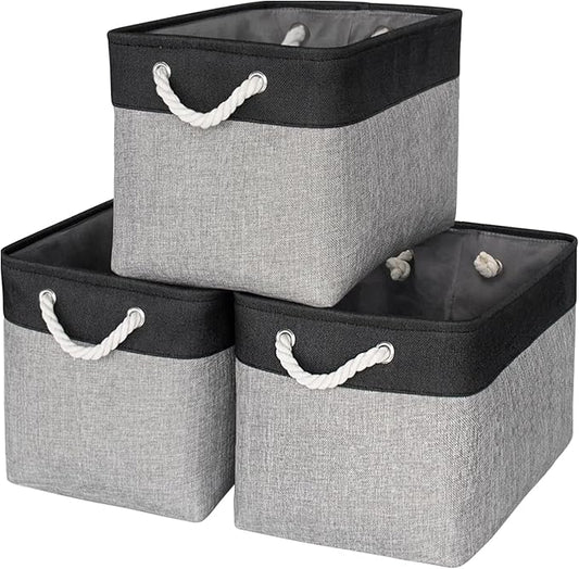 TheWarmHome Storage Basket for Organizing - 16x12x12 inch Cube Storage bin 3 Pack Fabric Storage Cubes, Collapsible Storage Box for Organizer Cloth Gift Toy Closet (Black & Grey)