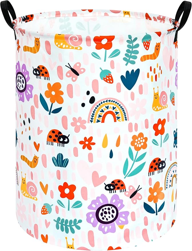 Round Ladybug Pattern Laundry Hamper Storage Basket Fabric Material Storage Hamper Organization Basket, Storage Bin, Gift Box with Handles for Room