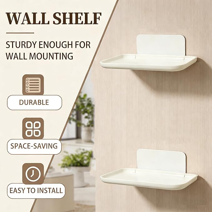 2 Pcs Small Shelf for Wall, Foldable Bedside Shelf & Small Wall Shelves No Drill Adhesive Folding Shelf, Stick-on Floating Wall Rack Organizer Tray for Bedroom Bathroom Kitchen Entryway, White