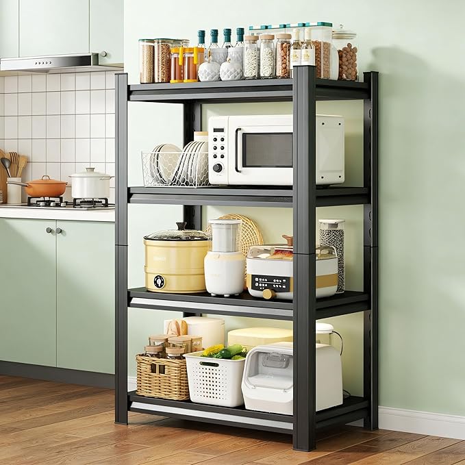 4-Tier Kitchen Shelf Organizer, Metal Pantry Shelves, Adjustable Storage Rack, Heavy Duty Metal Shelves for Pots, Pans, Bottles & Pantry Goods, Space-Saving, Black (54" H x 16" W x 16" D)