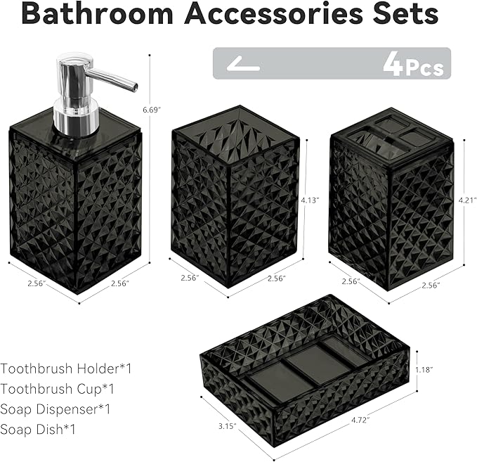 Bathroom Accessory Set, 4 PCS Black Bathroom Accessories Set, Soap Dispenser and Toothbrush Holder Set, Soap Dish and Mouthwash Cup, Boho Bathroom Decor, Plastic Bathroom Sets Accessories