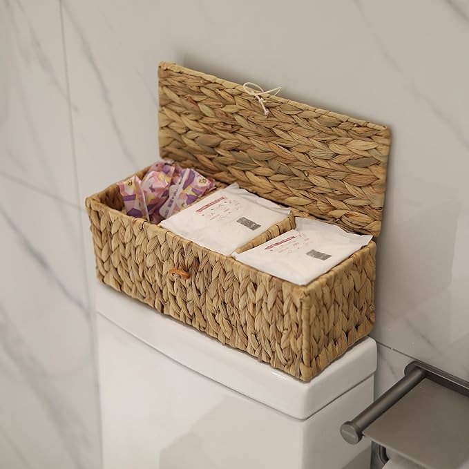 Wicker Bathroom Basket with Lid, Water Hyacinth Toilet Tank Basket with 3 Compartments, Woven Storage Box for Bathroom Organizer (16.7 x 5.7 x 5.7 inch)