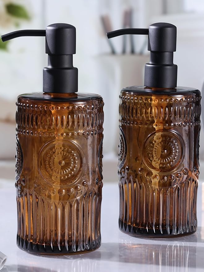 17 OZ Sunflower Embossed Glass Soap Dispenser - 2 Pack, with 304 Rust Proof Stainless Steel Pump, Glass Soap and Lotion Dispenser Set, Liquid Hand Soap Dispenser for Home, Kitchen & Bathroom (Amber)