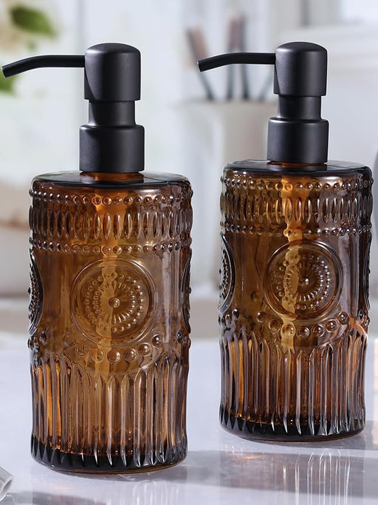 17 OZ Sunflower Embossed Glass Soap Dispenser - 2 Pack, with 304 Rust Proof Stainless Steel Pump, Glass Soap and Lotion Dispenser Set, Liquid Hand Soap Dispenser for Home, Kitchen & Bathroom (Amber)
