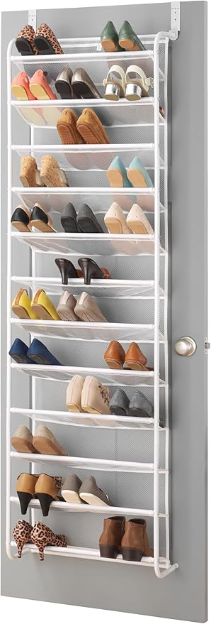 Whitmor 36 Pair Over the Door Shoe Organizer, 12 Tier Hanging Shoe Organizer, Heavy Duty Metal & Mesh Shoe Holder, Hanging Shoe Rack for Closet Organizer & Storage, 74"L x 21.7"W x 7.5"H, White