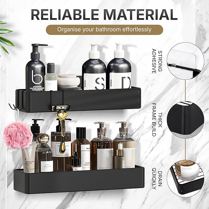 Bathroom Organizer 2 Pack, Shower Caddy Wall Mounted Adhesive, No Drill Bathroom Shelf, Holds Up to 5 lbs, Rustproof Storage Organizer for Shower, Kitchen & Home.