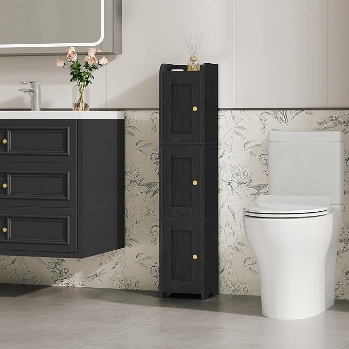 HEXCELEN Slim Bathroom Storage Cabinet, Narrow Cabinet with 3 Doors, Small Bathroom Organizers and Storage, Laundry Room Organization for Small Space, Kitchen, Living Room, Black 022304X
