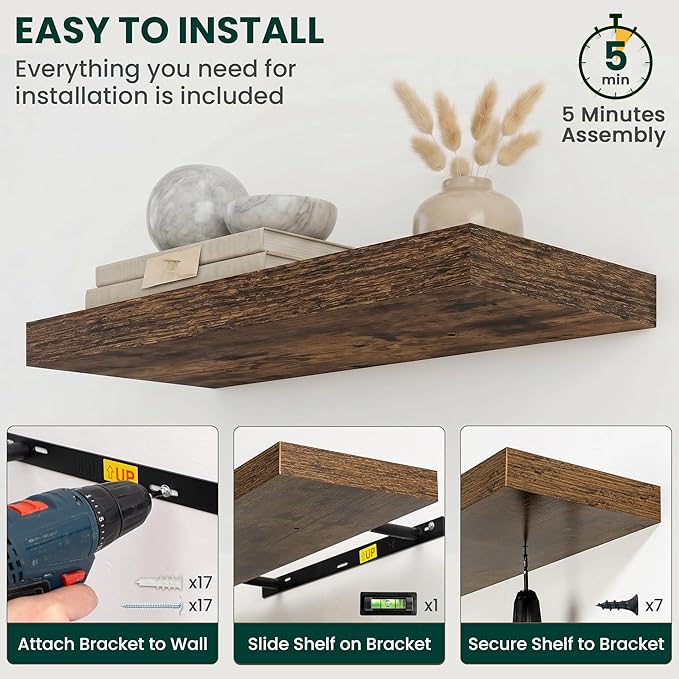 Floating Shelves for Wall 55 in x 9.3 in Deep, Wall Mounted Rustic Wood Shelf with Invisible Brackets for Storage & Display, Living Room Bedroom Bathroom, Brown, 1 Pack