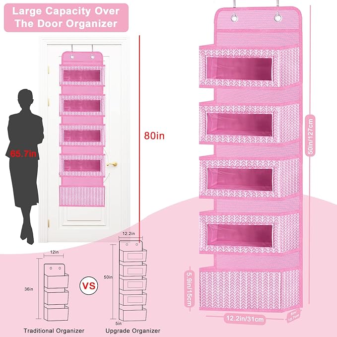 Over The Door Hanging Organizer with 5 Large Pockets - Wall Mount Pantry Storage with 2 Big Metal Hooks for Baby Girl’s Diapers Closet, Bathroom, Nursery, Bedroom, Dorm, Baby, Kids Toys (Pink)