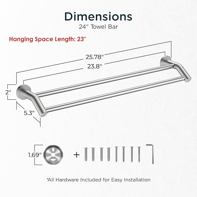 FORIOUS Double Towel Bar 24", Heavy Duty SUS304 Stainless Steel Dual Towel Racks for Bathroom Wall Mount, Space Saving Towel Rod Towel Holder Rail, Brushed Nickel