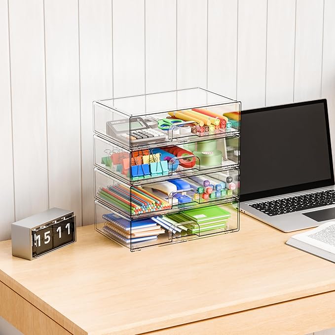 2 Pack Acrylic Drawer Organizer,12.2''W Clear Stackable Storage Drawers,Acrylic Boxes for Storage Makeup Palettes,Cosmetics,Pull Out Bathroom Storage Bins for Hair Products,Medicine Cabinet Organizer
