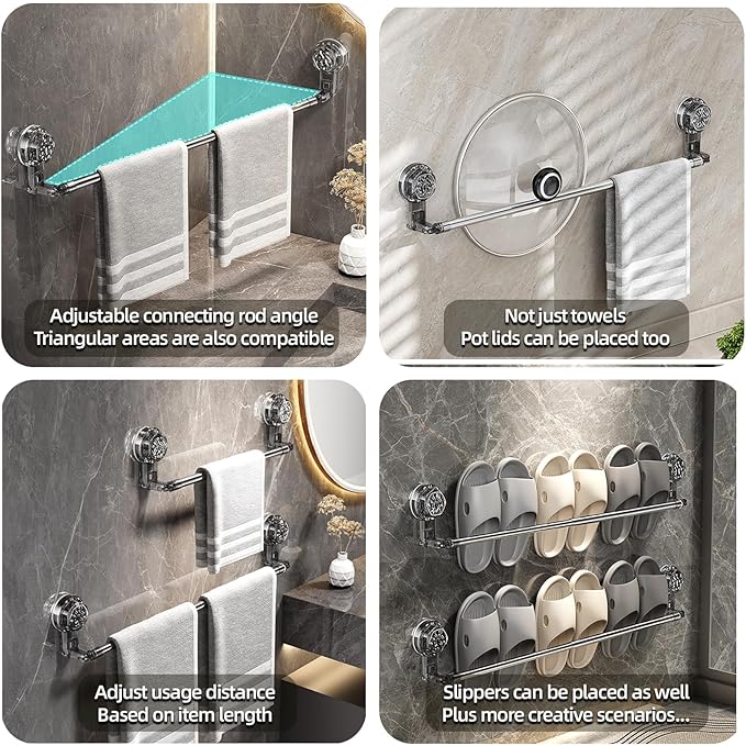 Adjustable Suction Cup Towel Rack, 11.8-23.6 Inch Extendable Towel Bar for Bathroom, Rustproof Telescopic Towel Hanger Wall Mounted Without Drilling, Strong Hold Shower Towel Storage