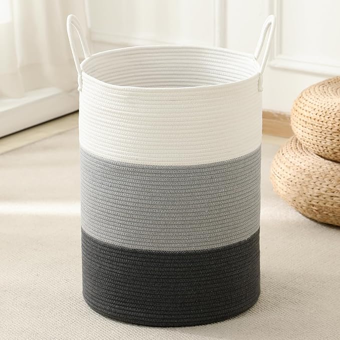 Laundry Basket Hamper Tall Rope Storage Woven for Blanket toys Dirty Clothes in Living Room Bathroom Bedroom (Gradient Grey, 80L/21.3Gal)