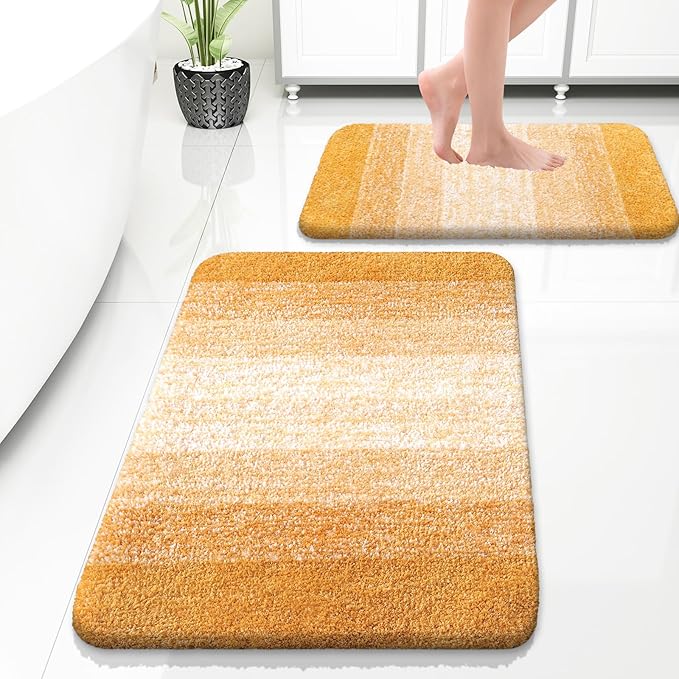 OLANLY Bathroom Rug Set 2 Piece, Soft Absorbent Microfiber Bath Rug Set, Non-Slip, Machine Wash Dry, Plush Shaggy Bath Mats for Bathroom (30"x20"+24"x16", Golden Yellow)