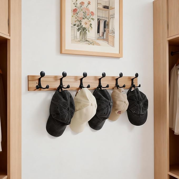 SKOLOO 36-Inch Wood Coat Rack Wall Mount with 6 Triple Hooks - Ideal for Family Entrances, Classrooms, and Pet Supplies Storage - Perfect Coat Hooks for Wall, Black on Natural