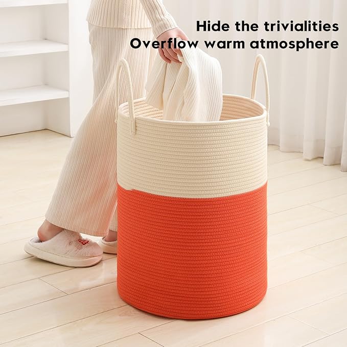 Woven Laundry Hamper Tall Rope Storage Basket for Blanket oys Dirty Clothes in Living Room Bathroom Bedroom (White&Orange, 80L/21.3Gal)