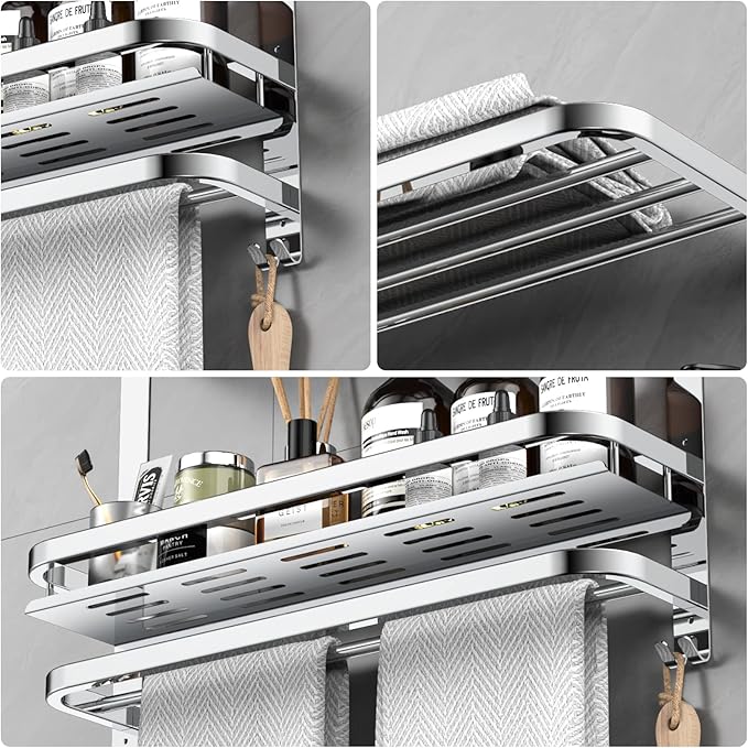 CAXIMSY 22.8Inch Towel Rack for Bathroom and Lavatory Towel Hanger with Wall Mount Towel Bars 304 Stainless Steel No Drill (Collapsible Towel Rack with Bathroom Organize Shower Shelves)