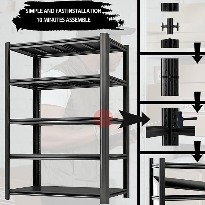 Industrial Storage Rack,Heavy-Duty Steel Shelving Unit,Multi-Purpose Garage Organization System Black 72" H x 35" W x 15.5" D 5-Tier
