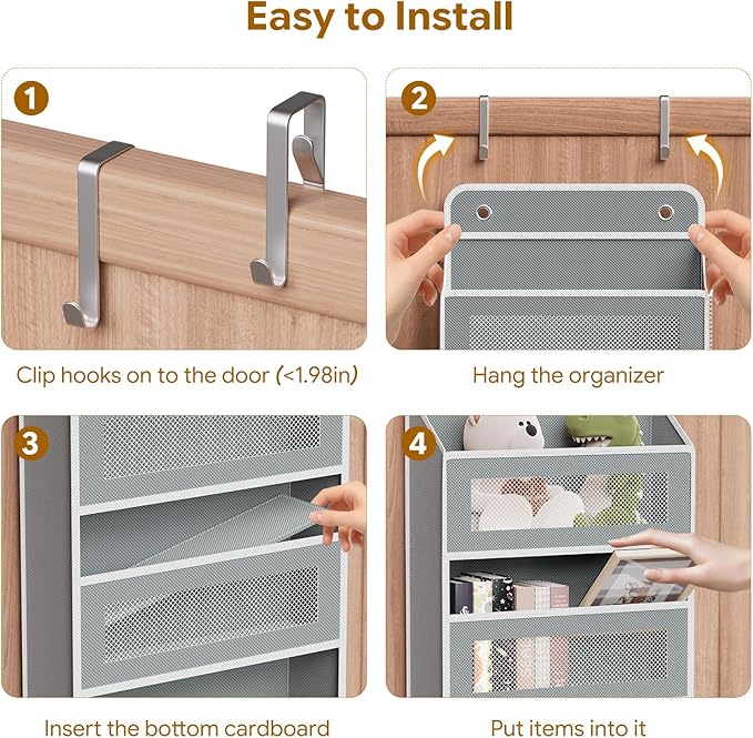 Simple Trending Over The Door Organizer, Hanging Shelves with 5 Large 5 Side Pockets, 44 lb Weight Behind Door Storage for Bedroom,Bathroom, Pantry, Nursery, Grey