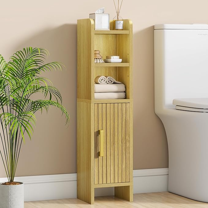 Small Bathroom Storage Corner Floor Cabinet Narrow Toilet Paper Cabinet with Adjustable Shelves Wooden Slim Bathroom Organizers and Storage with Fluted Door for Small Spaces, Wood