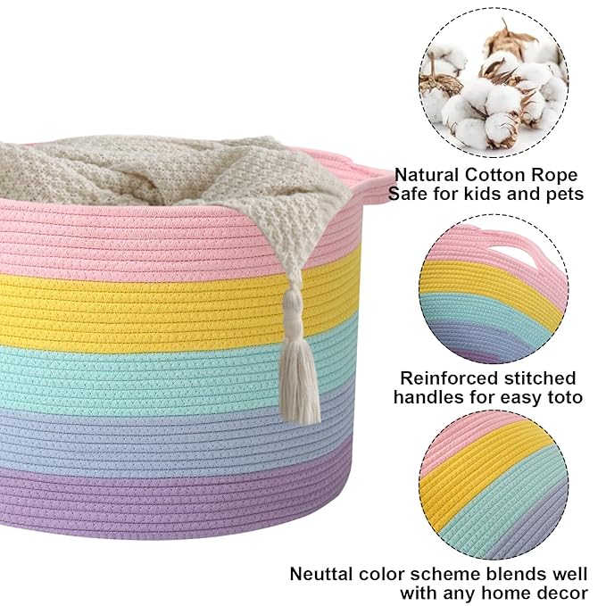 115L Large Blanket Basket,23.6" L x 23.6" W x 15.7" H Rope Woven Baskets with Handles, Toys Storage Bins,Laundry Basket Perfect for Living Room, Nursery,Bedroom,Home Organization,Colorful