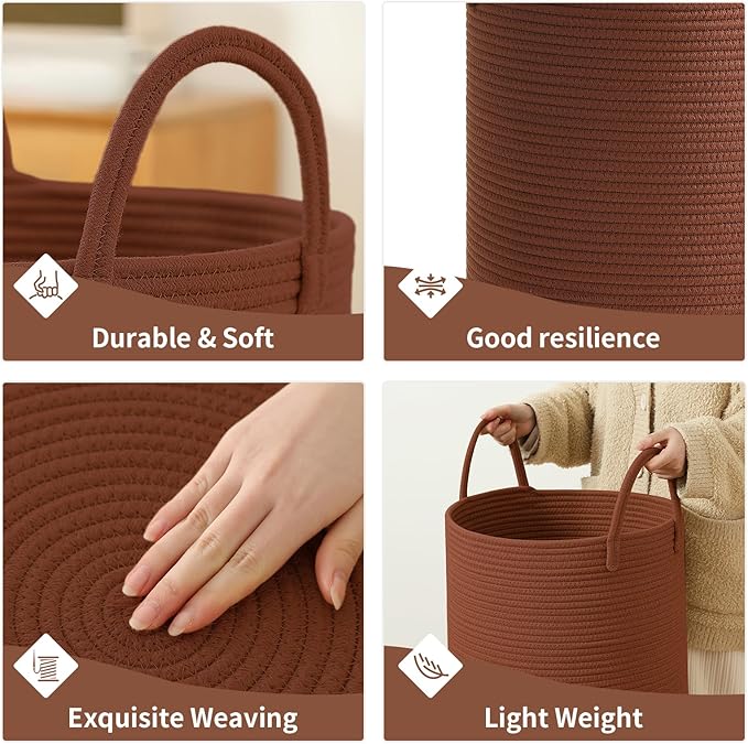 Laundry Basket Hamper Tall Rope Storage Woven for Blanket toys Dirty Clothes in Living Room Bathroom Bedroom (Dark Brown, 100L/26.4Gal)