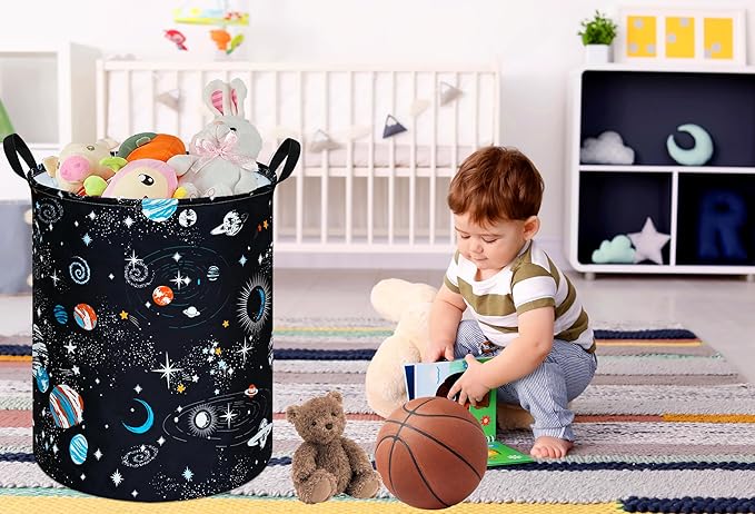 Kids Laundry Hamper Storage Basket Laundry Organizer Hamper Storage Bins Clothes Box Nursery Hamper Gift Basket with Handles (Black planet)