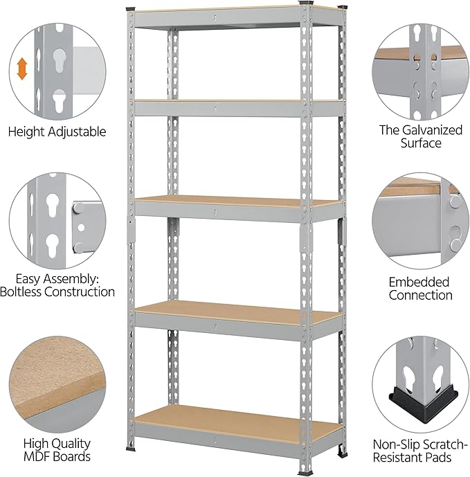 Topeakmart 5-Tier Utility Shelves, Metal Storage Shelves, Adjustable Shelving Units, Boltless Assembly, Garage Shelves Shed Shelving for Warehouse Garage Shed Basement- Light Gray, 27.5 x 12x 60 Inch
