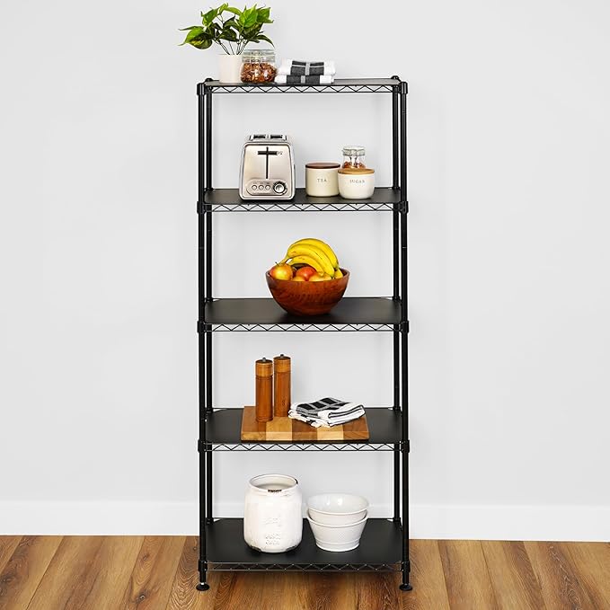 SafeRacks - NSF Certified Storage Shelves, Zinc, Heavy Duty Steel Wire Unit with Adjustable Feet, Garage or Bakers Rack, Kitchen, Pantry Shelf - (24"x14"x60" 5-Tier) (Black)