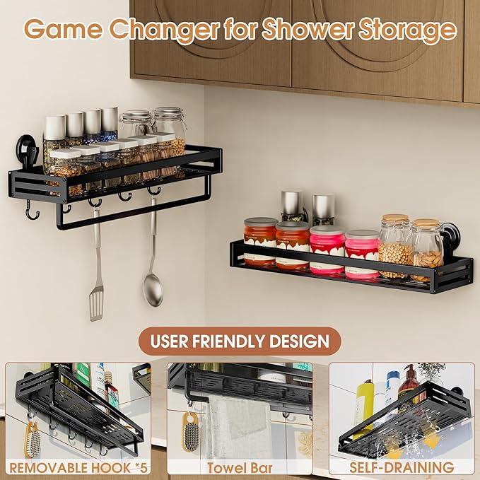 Suction Cup Shower Caddy, 15.7 inch Extended Version, 5 Hooks & Towel Rrack, No Drilling Required, Rust-resistant Bathroom Shower Organizer,with 2 Extra Suction Cups for Replacement Use(2Pack-Black)