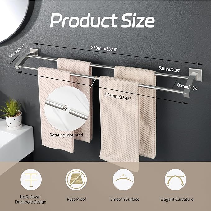 Alise Double Towel Bar, 32 Inch Towel Rack for Bathroom Wall Mounted, SUS304 Stainless Steel Bathroom Towel Holder Joining Process Towel Rail for Bathroom, Brushed Nickel