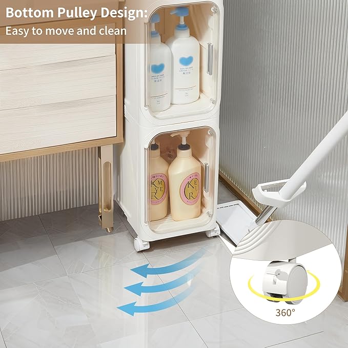 LXLXXL Narrow Storage Cabinet Slim Bathroom Storage Cabinet with Movable Wheels Tall Bathroom Organizer Skinny Cabinet for Small Spaces，2-Tier Beige