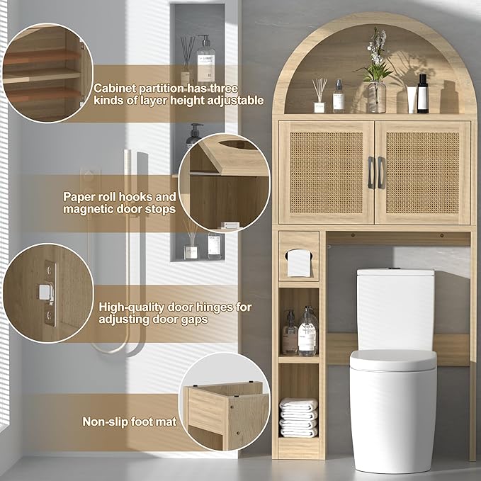 AHB Over The Toilet Storage Cabinet, Freestanding Bathroom Organizer with Adjustable Shelf and Anti-Tip Device, Arched Cabinet with Doors, Space-Saving Toilet Storage for Bathroom, Laundry, Mini Bar