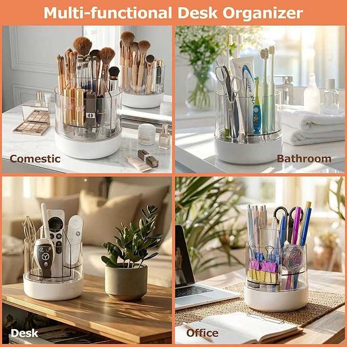CTIME 360° Rotating Makeup Organizer, 5 Compartments Makeup Brush Holder, Cosmetic Storage for Lipsticks, Nail Polish, Makeup Organizer Countertop for Vanity, Desktop & Bathroom