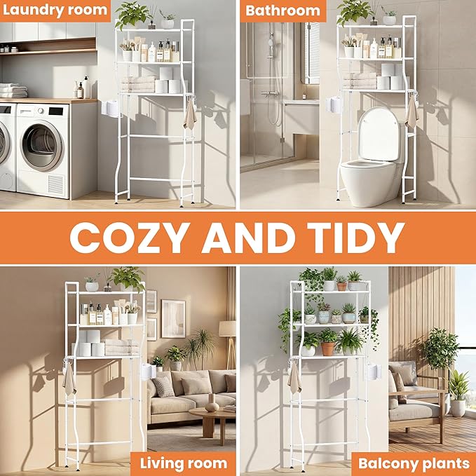 Over The Toilet Storage, 3-Tier Heavy Duty Metal Bathroom Organizer and Storage Rack, Space-Saving Above Toilet Cabinet Shelf with Paper Holder & 4 Hooks, White