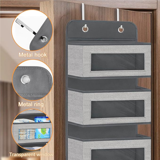 Over The Door Hanging Organizer Storage with 5 Large Pockets,Wall Mount Clear Windows and 2 Widened Metal Hooks for Pantry,Nursery,Diapers,Bathroom,Kitchen,Closet,Dorm