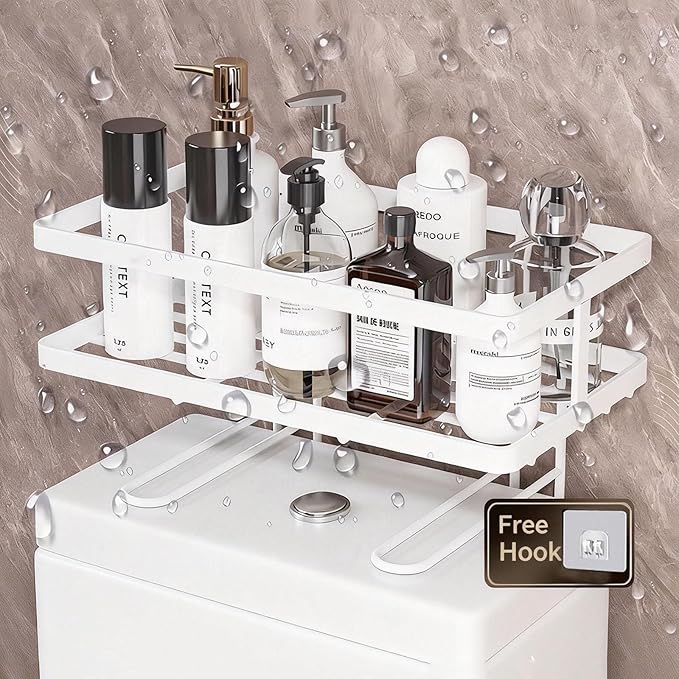 Over The Toilet Storage Rack- Bathroom Organizer Shelf, 2-Tier Floating Shelves with Hooks, No-Drill, Toilet Paper Holder for Restroom Bathroom Vanity Kitchen (White, 1 Tier)