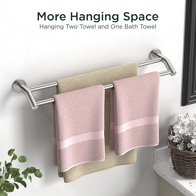 FORIOUS Double Towel Bar 24", Heavy Duty SUS304 Stainless Steel Dual Towel Racks for Bathroom Wall Mount, Space Saving Towel Rod Towel Holder Rail, Brushed Nickel
