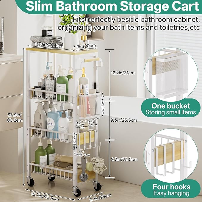 DTUQYX Slim Bathroom Storage Cart, 4 Tier Small Rolling Organizer Cabinet with Wood Top Handle, Mobile Shelving Unit Slide Out for Office, Kitchen, Laundry Room & Narrow Places (9.1" Overall Width)