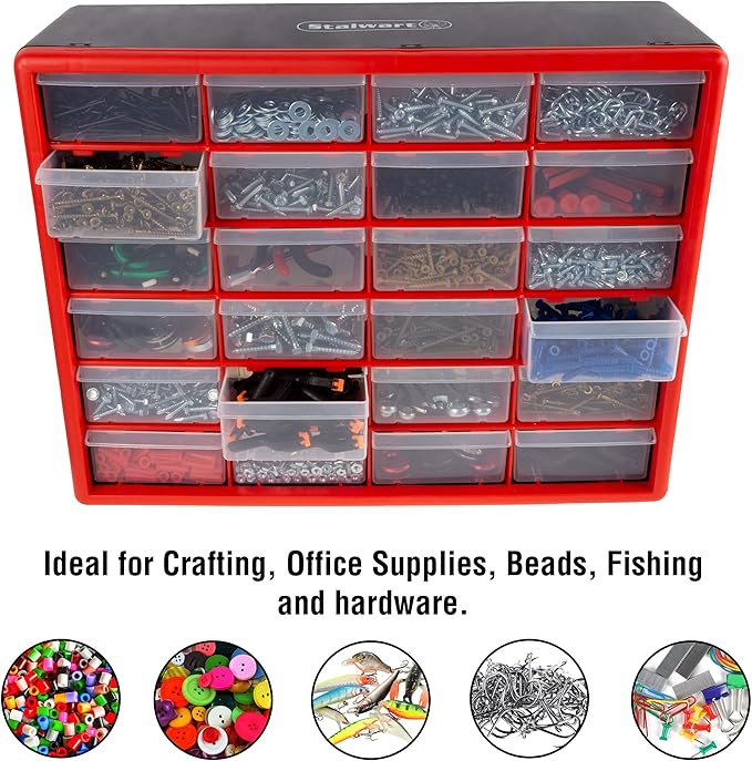 24 Plastic Drawers Organizer - Compartment Storage - Desktop and Wall Mount Container for Hardware, Parts, Crafts, Beads, and Tools by Stalwart (Red)