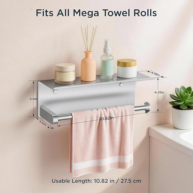FORIOUS Paper Towel Holder with Shelf, SUS304 Stainless Steel Paper Towel Holder with Storage Shelf, Wall Mount Screw Paper Roll Organizer Commercial Paper Hand Towel Dispensers, Sliver