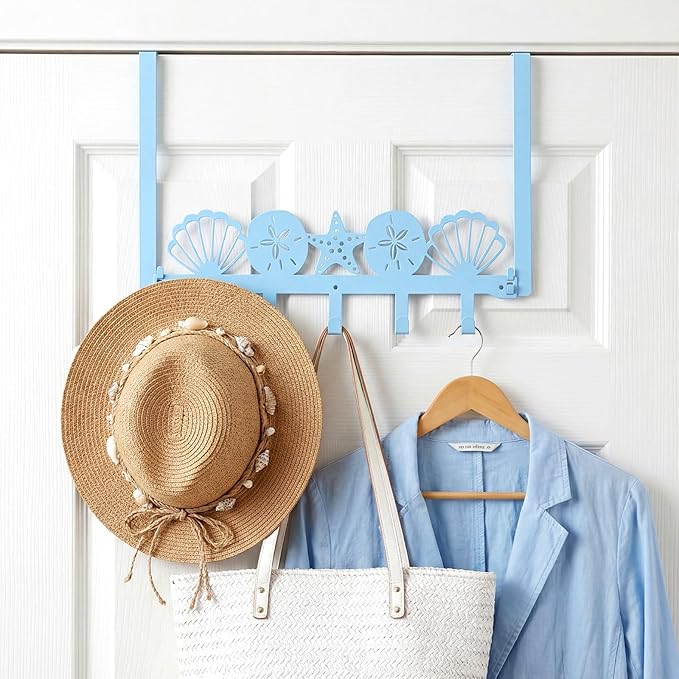 AceOrbit Blue Beach Over The Door Hooks Seashells and Starfish Wall Mount Bathroom Towel Hanger Decorative Nautical Coastal Door Holder Rack with 5 Hooks Hanging for Coat Keys Bags Home Room Decor